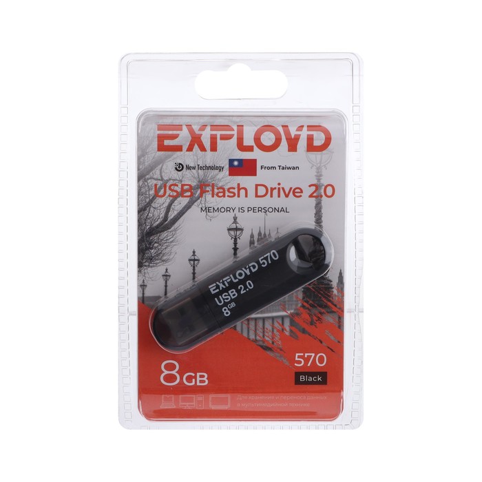 Флешка Exployd 570, 8 Гб, USB2.0, чт до 15 Мб/с, зап до 8 Мб/с, чёрная