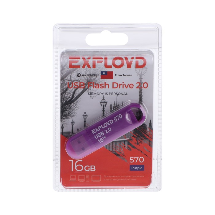 

Флешка Exployd 570, 16 Гб, USB2.0, чт до 15 Мб/с, зап до 8 Мб/с, фиолетовая