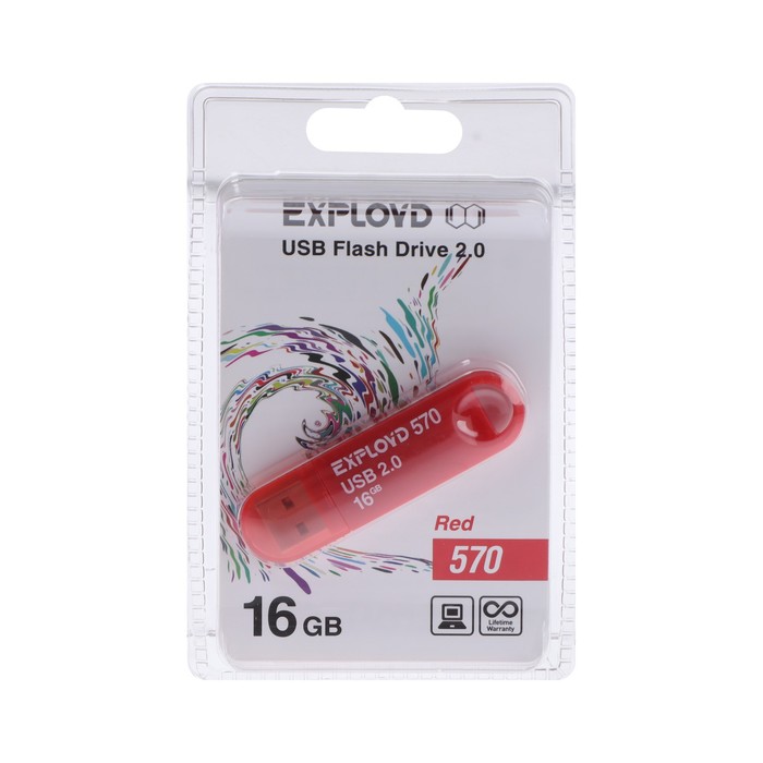 Флешка Exployd 570, 16 Гб, USB2.0, чт до 15 Мб/с, зап до 8 Мб/с, красная