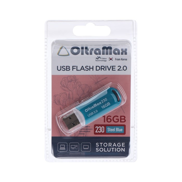Флешка OltraMax 230, 16 Гб, USB2.0, чт до 15 Мб/с, зап до 8 Мб/с, синяя флешка twist color синяя с белым 16 гб
