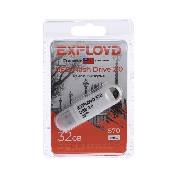 

Флешка Exployd 570, 32 Гб, USB2.0, чт до 15 Мб/с, зап до 8 Мб/с, белая