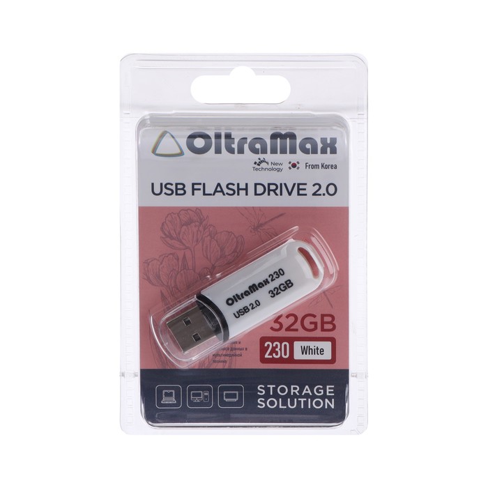 

Флешка OltraMax 230, 32 Гб, USB2.0, чт до 15 Мб/с, зап до 8 Мб/с, белая