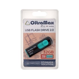 Флешка OltraMax 250, 32 Гб, USB2.0, чт до 15 Мб/с, зап до 8 Мб/с, бирюзовая