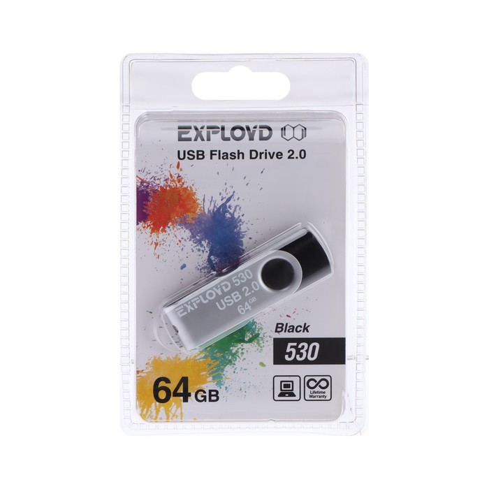 

Флешка Exployd 530, 64 Гб, USB2.0, чт до 15 Мб/с, зап до 8 Мб/с, чёрная