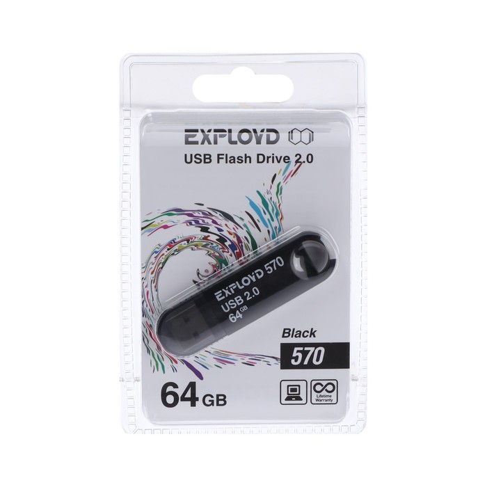 Флешка Exployd 570, 64 Гб, USB2.0, чт до 15 Мб/с, зап до 8 Мб/с, чёрная