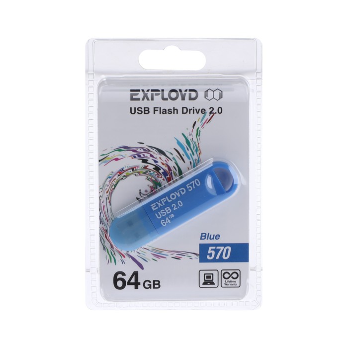 Флешка Exployd 570, 64 Гб, USB2.0, чт до 15 Мб/с, зап до 8 Мб/с, синяя