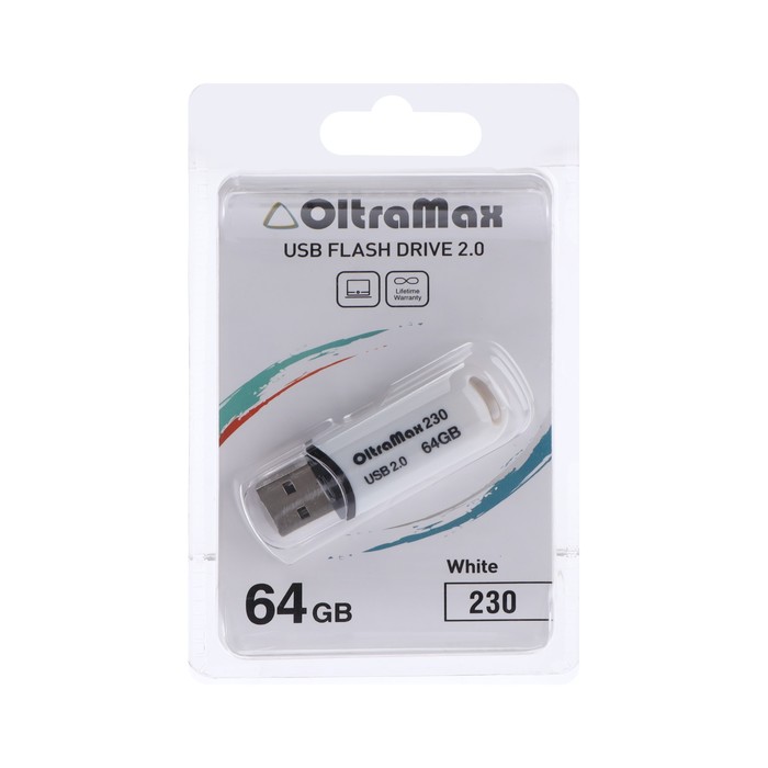 

Флешка OltraMax 230, 64 Гб, USB2.0, чт до 15 Мб/с, зап до 8 Мб/с, белая