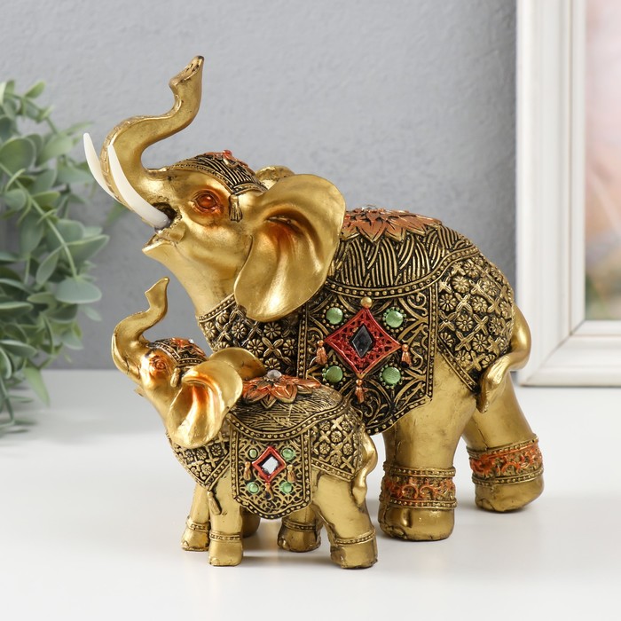 Сувенир полистоун Слониха и слонёнок в попоне с цветком бронза 15х12,5х17,5 см