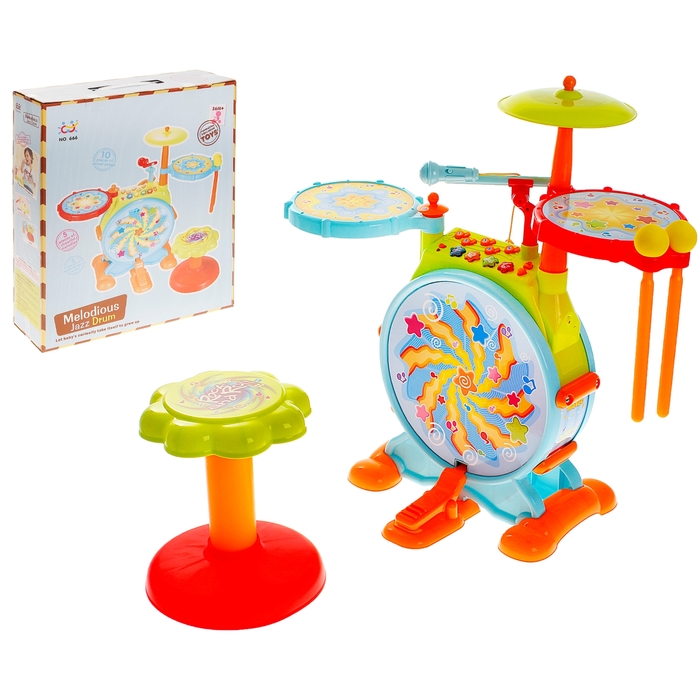 Барабанная установка "Радужное настроение" со стульчиком и микрофоном, световые и звуковые эффекты