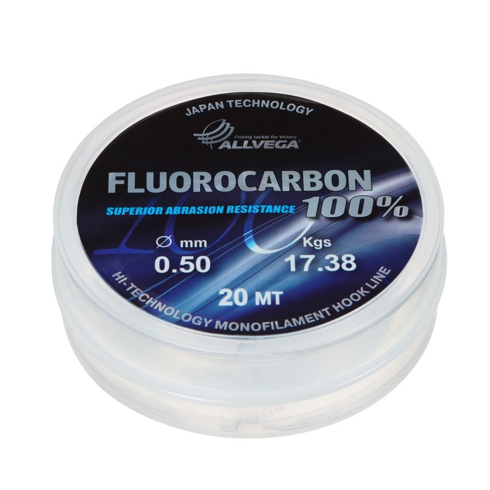 фото Леска монофильная allvega fx fluorocarbon 100%, диаметр 0.50 мм, тест 17.83 кг, 20 м, прозрачная