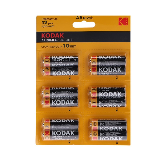 Батарейка алкалиновая Kodak Xtralife, AA, LR6-12BL, 1.5В, блистер, 12 шт. батарейка алкалиновая smartbuy lr6 тип аа блистер 2 шт 12 120