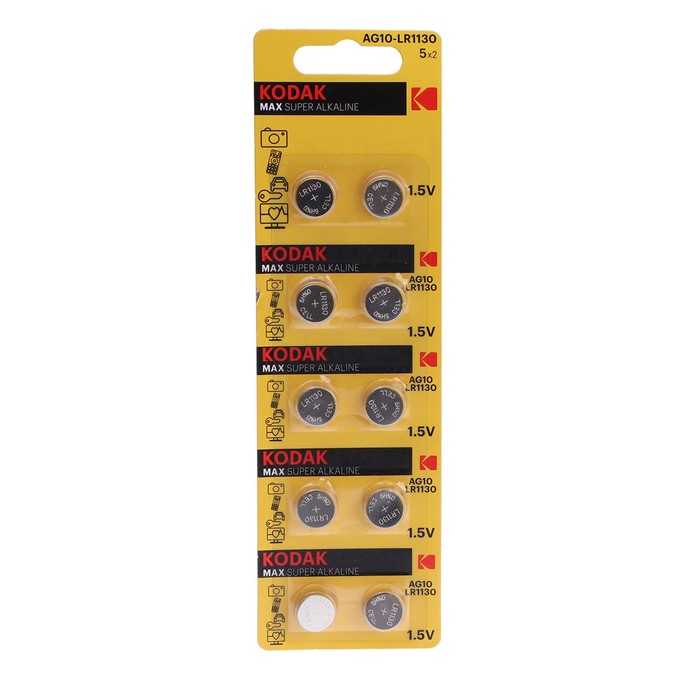 Батарейка алкалиновая Kodak, AG10 (G10, 389, LR1130, LR54)-10BL, 1.5В, блистер, 10 шт. батарейка ag10 lr54 lr1130 389 1 5v kodak blister упаковка 10 шт