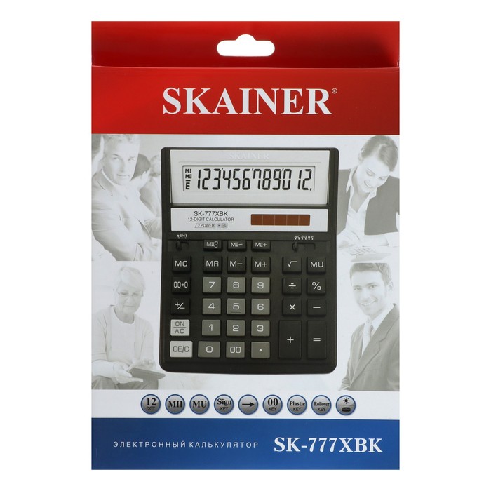Калькулятор настольный (большой бухгалтерский) 12-разрядный, SKAINER SK-777XBK, двойное питание, 157 х 200 х 32 мм, чёрный