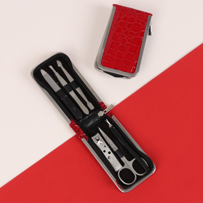 Набор маникюрный в футляре, 6 предметов, цвет красный