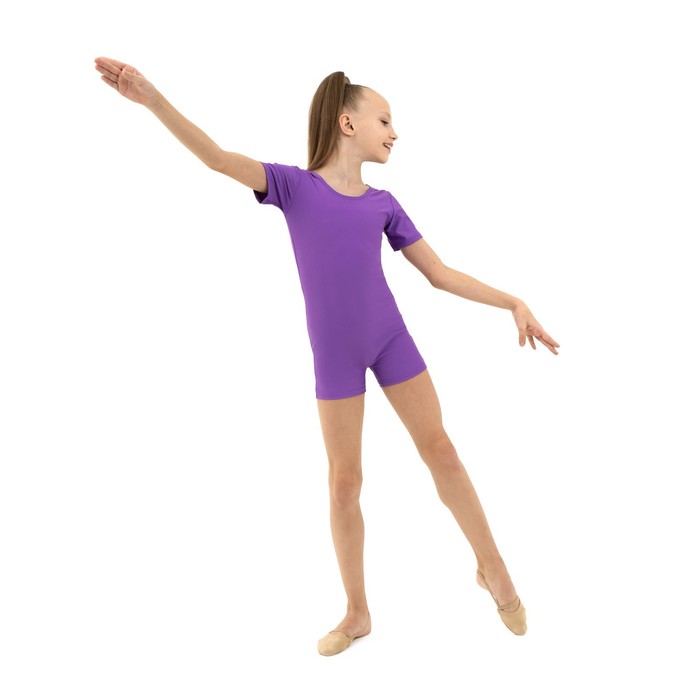 Купальник гимнастический с коротким рукавом, с шортами, лайкра, цвет фиолетовый, размер 28