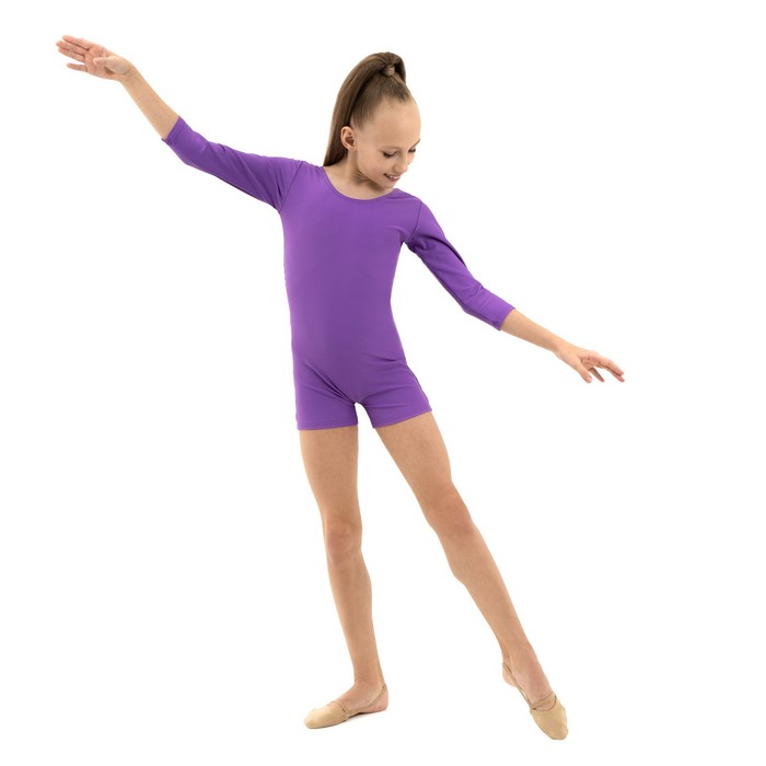 Купальник гимнастический с рукавом 3/4, с шортами, лайкра, цвет фиолетовый, размер 30