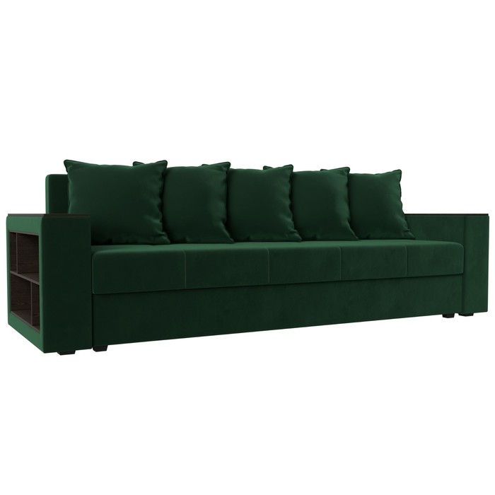 Прямой диван «Дубай лайт», еврокнижка, полки слева, велюр, цвет зелёный