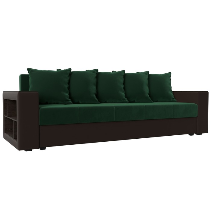 Прямой диван «Дубай лайт», еврокнижка, полки слева, велюр зелёный / экокожа коричневый диван прямой дубай лайт полки слева велюр