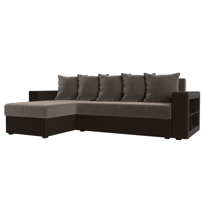 Угловой диван «Дубай лайт», еврокнижка, угол левый, велюр коричневый / экокожа коричневый