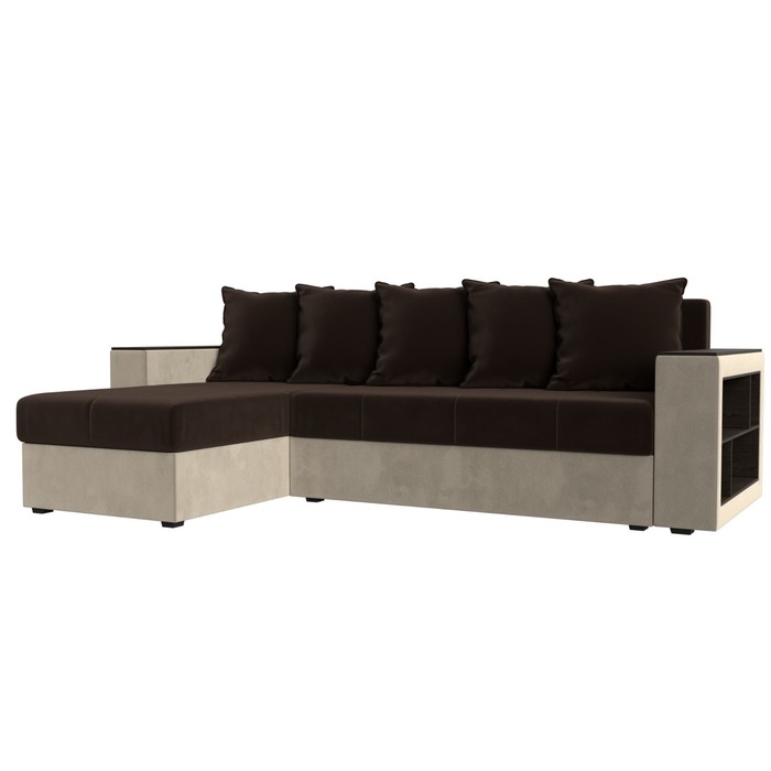 Угловой диван «Дубай лайт», еврокнижка, угол левый, микровельвет, коричневый / бежевый 