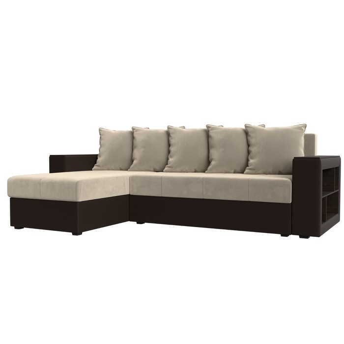 Угловой диван «Дубай лайт», угол левый, цвет микровельвет бежевый / экокожа коричневый 