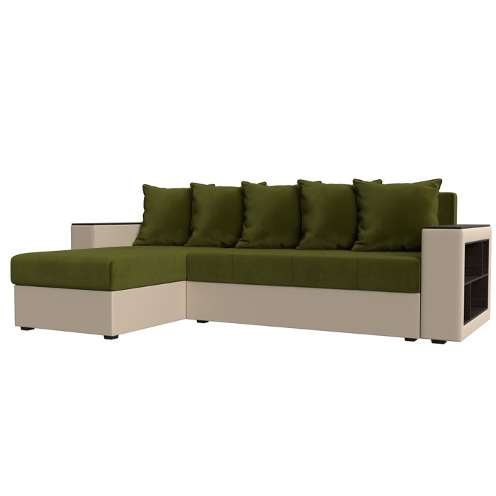 Угловой диван «Дубай лайт», еврокнижка, угол левый, микровельвет зелёный / экокожа бежевый 