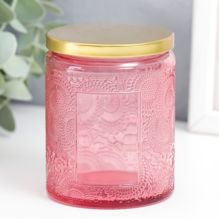 Банка для свечей стекло с крышкой Цветочная розовая, цилиндр 9х7х7 см, МИКС