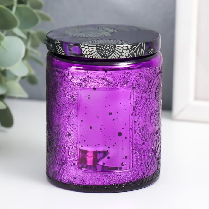 Банка для свечей стекло с крышкой "Цветочная" фиолет, цилиндр, гальваника 9х7х7 см