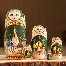 Марёшка «Храм», зеленый фон, 5 кукольная, жженка