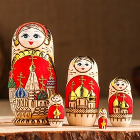 Марёшка «Храм», красный фон, 5 кукольная, жженка