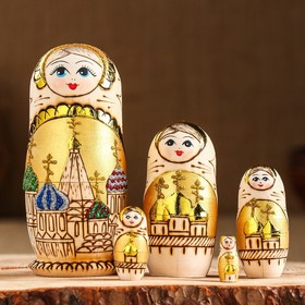 Марёшка «Храм», желтый фон, 5 кукольная, жженка