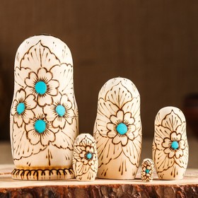 

Матрёшка «Храм», синий фон, 5 кукольная, жженка