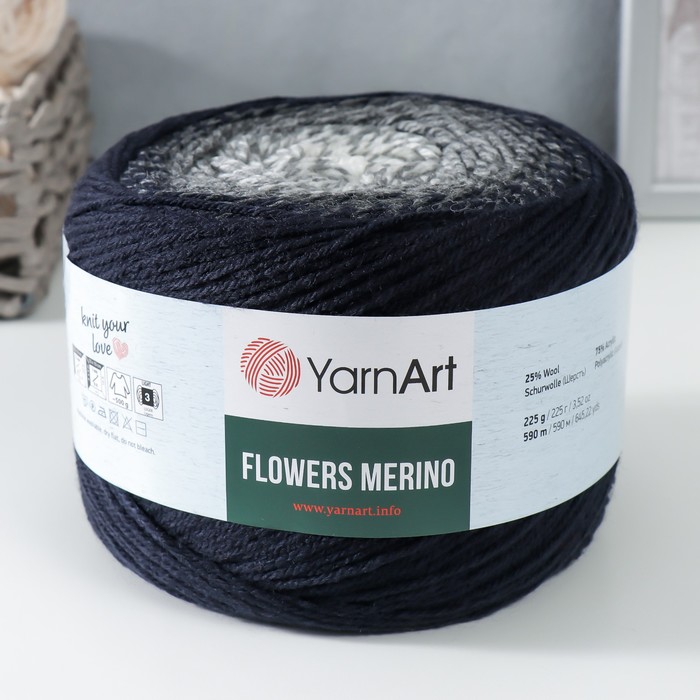 пряжа flowers merino 75% акрил 25% шерсть 590м 225г 536 серый желтый Пряжа Flowers Merino 75% акрил, 25% шерсть 590м/225г (532 серый-черный)