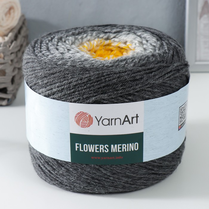 

Пряжа "Flowers Merino" 75% акрил, 25% шерсть 590м/225г (536 серый-желтый)