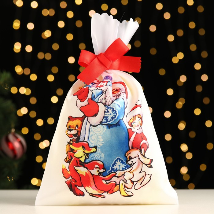 Мешок новогодний Дедушка мороз и зверята, атлас, полноцветная печать, 21х35 см набор лент свидетели атлас полноцветная печать 10х180 см