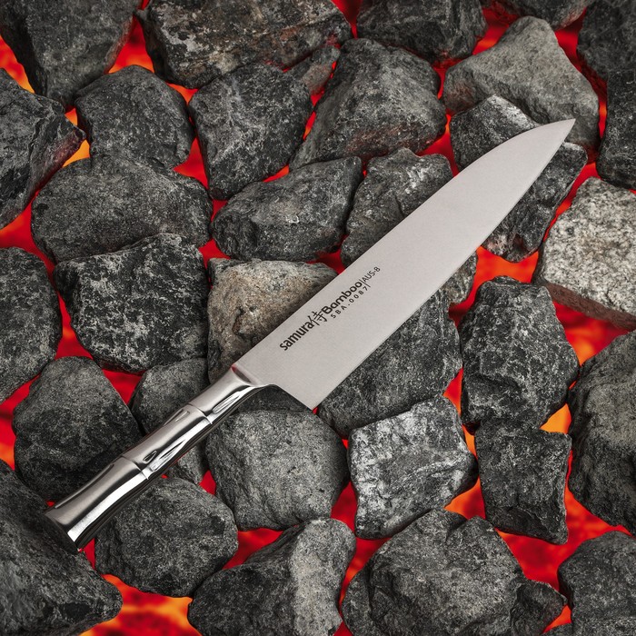 цена Нож кухонный Samura BAMBOO, шеф, лезвие 24 см, стальная рукоять