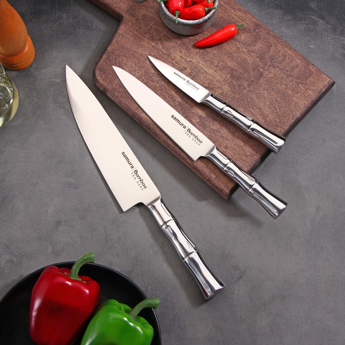 цена Набор ножей Samura BAMBOO, 3 шт: лезвие 8,8 см, 15 см, 20 см, стальная рукоять