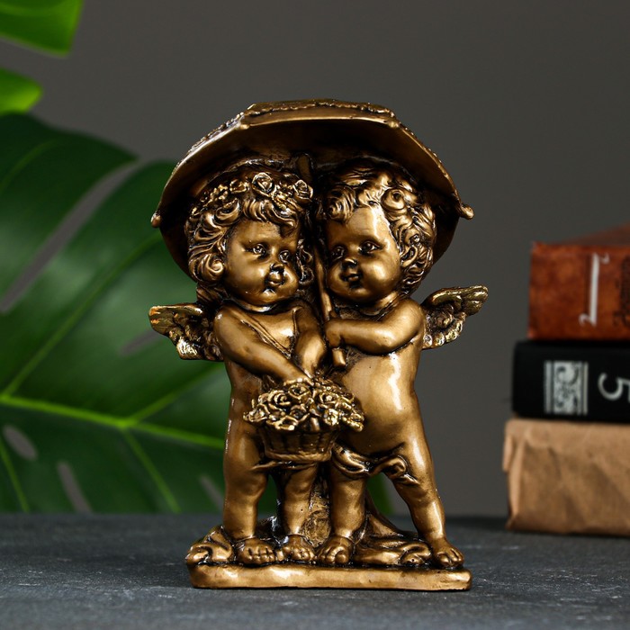 фото Фигура "ангелочки под зонтом" сусальное золото 10,5х8х15,5см хорошие сувениры