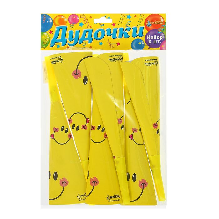 Дудка-гудок р-р 19 см "Смайл" (набор 6 шт)