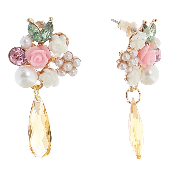 Серьги с жемчугом "Цветочная роса", цветные в золоте