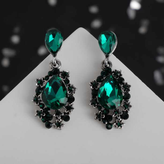 Серьги со стразами "Капля" шик, цвет зеленый в чернёном серебре