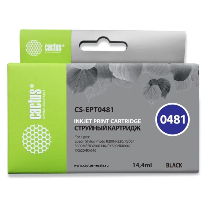 Картридж струйный Cactus CS-EPT0481 черный для Epson Stylus Photo R200/R220/R300/R320/R340/RX500/RX6 чернила cactus cs i ept0486 для epson stylus photo r200 r220 r300 r320 100 мл светло пурпурный