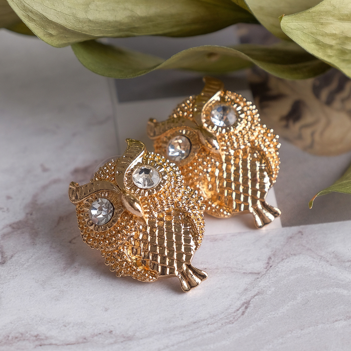 Серьги со стразами "Совушка", цвет белый в золоте