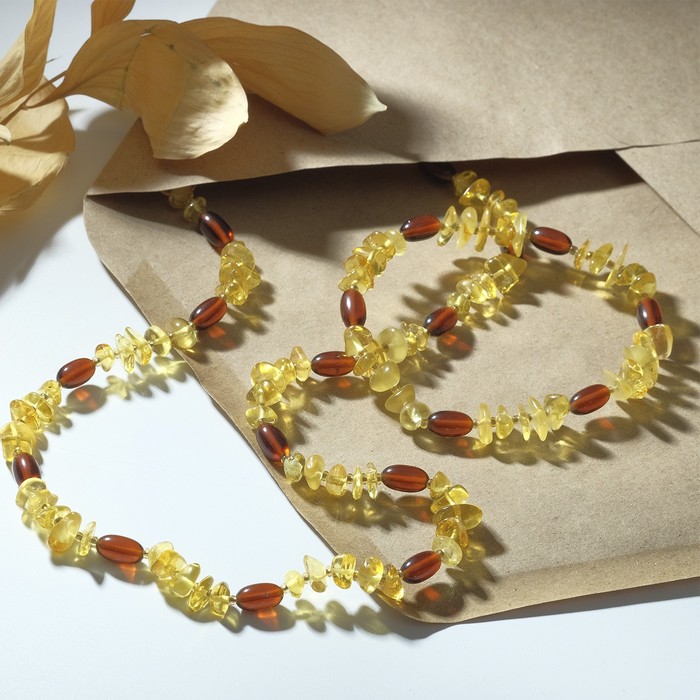 Набор 2 предмета: бусы, браслет "Янтарь" крошка обработанная через оливку, цвет жёлто-коричневый