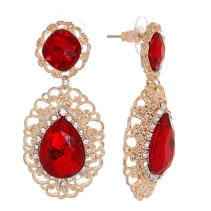 Серьги со стразами "Капля ажурная" императрица, цвет красный в золоте