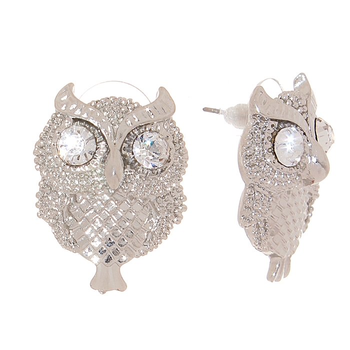 Серьги со стразами "Совушка", цвет белый в серебре