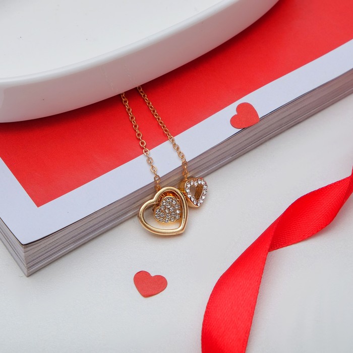 Кулон "Сердечка два", цвет белый в золоте, 45см