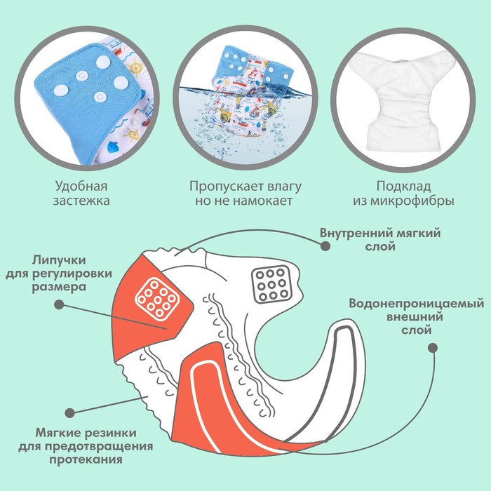 фото Трусики-подгузник, многоразовый, «корабли» крошка я