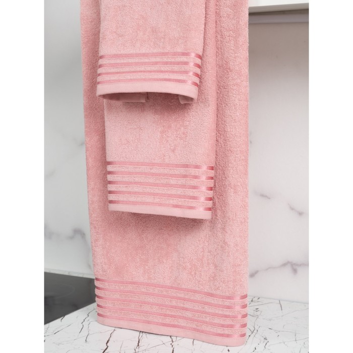 фото Полотенце махровое, размер 50x90 см, розовое с бордюром полоса bio-textiles