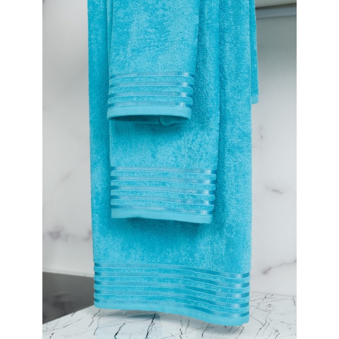 фото Полотенце махровое, размер 70x140 см, синее с бордюром полоса bio-textiles